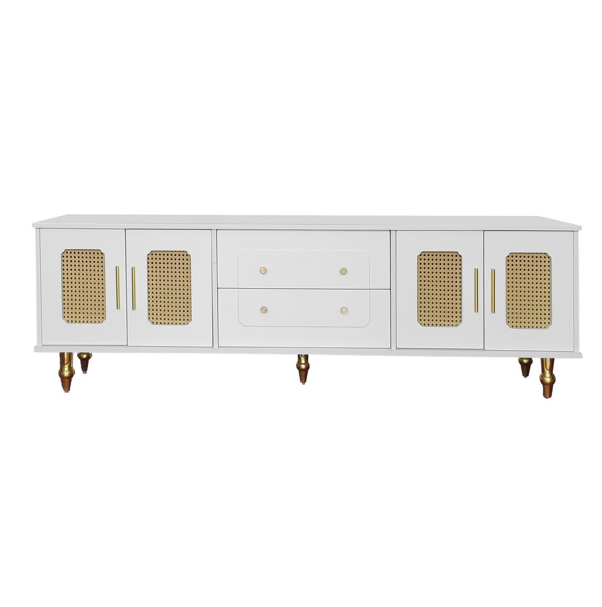 TV-LOWBOARD aus Spanplatte 175x38x55,5 cm Weiß mit PVC-Rattantüren und Push-to-Open-Schubladen - Weiß, Holzwerkstoff (175/55.5/38cm) - IVMEU