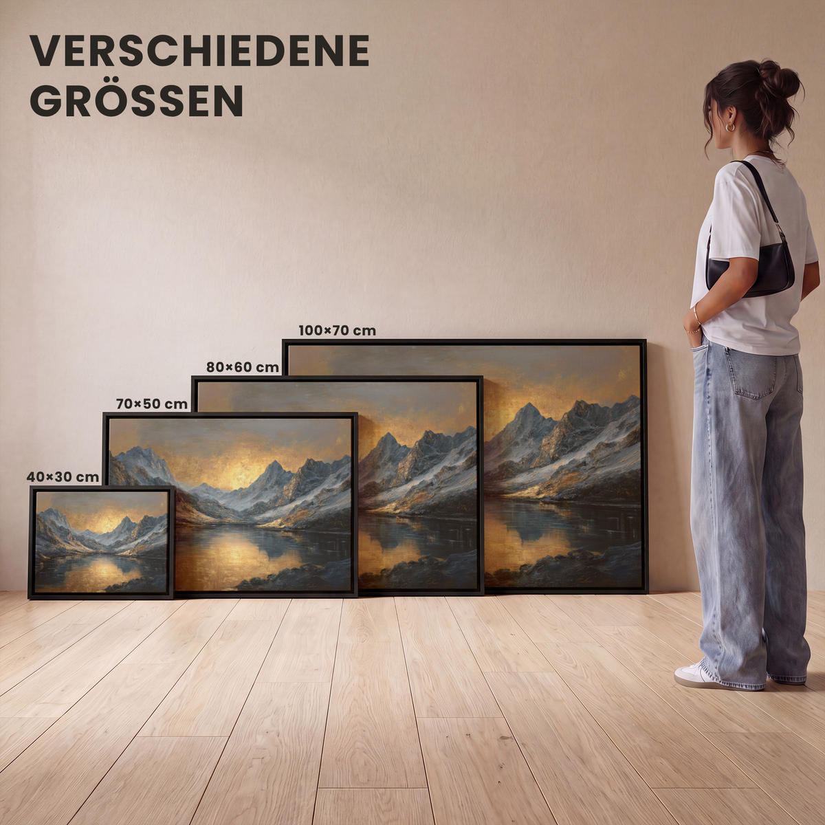 LEINWAND Bilder mit Rahmen - Bergkulisse mit goldenem Sonnenuntergang - 70x50 - Goldfarben, Textil (70/50cm) - MuchoWow