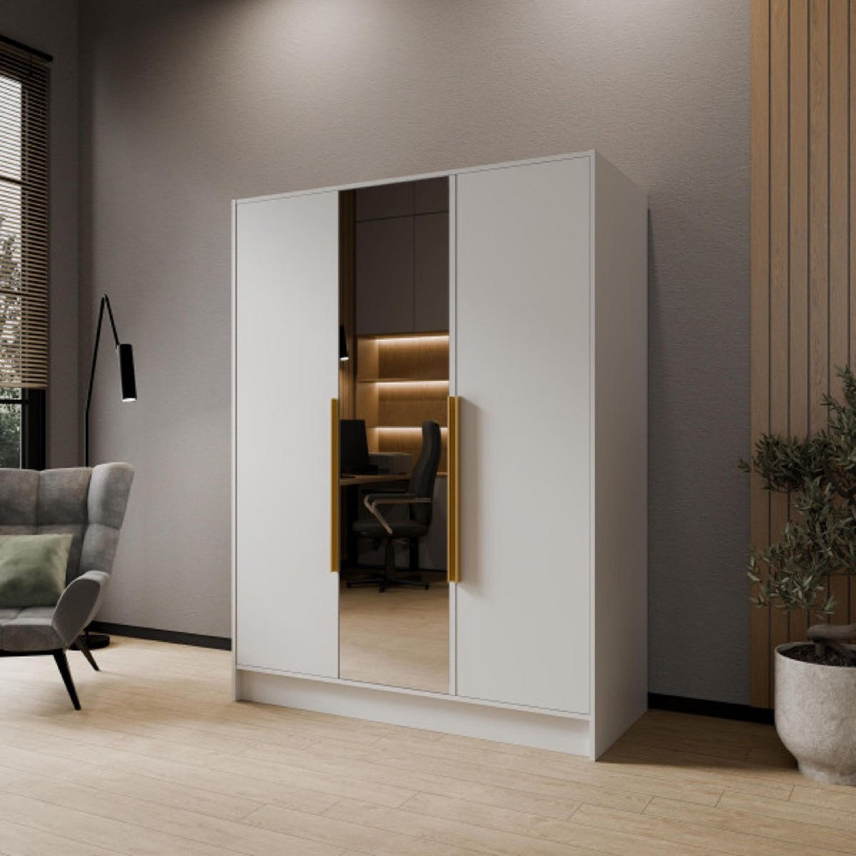 SCHRANK Weiß LUSO Mit Spiegel Und Goldenen Griffen 150 g - Goldfarben/Weiß, Holzwerkstoff (150/200/51cm) - Sepro Meble