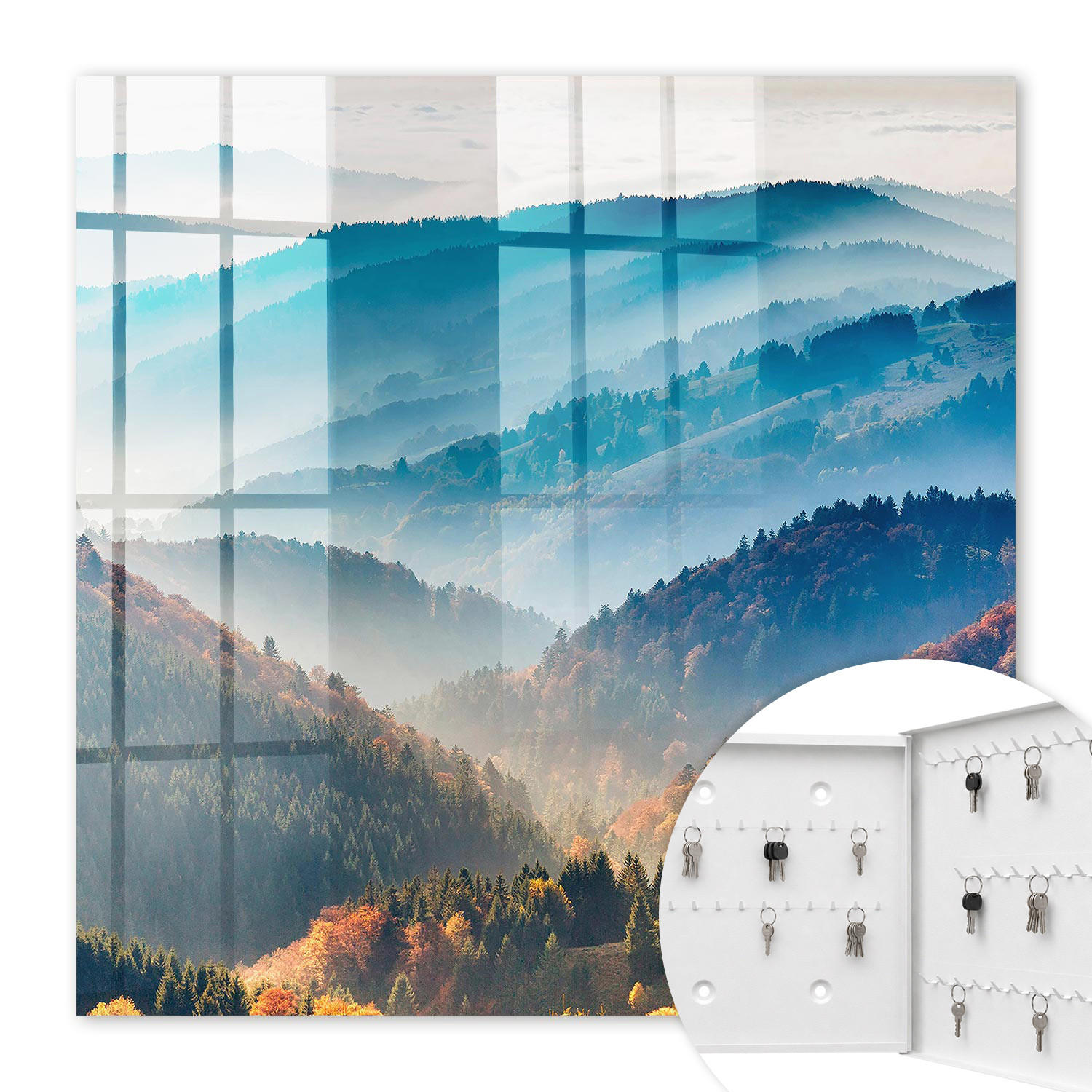 SCHLÜSSELBOX Weiß 30x30 cm – Türöffnung nach rechts - Berglandschaft - Blau, Metall (30/30/5cm) - TULUP