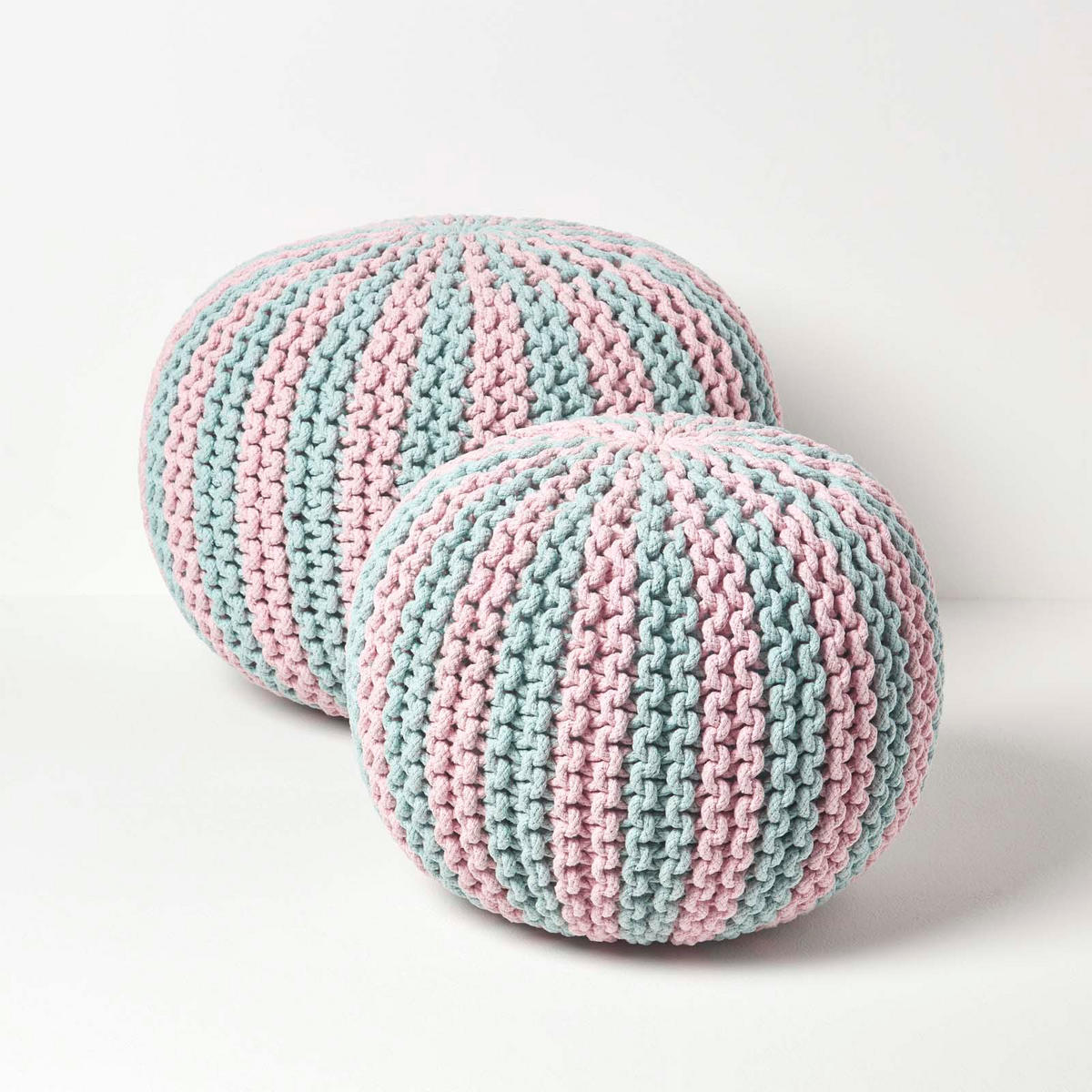 STRICKPOUF rund, blau-rosa gestreift, 40/40/35 cm - Hellblau, Textil (40/35/40cm) - Homescapes