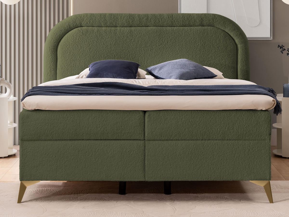 BOXBETT Sonna 200/200 cm Grün Bouclé-Stoff mit abgerundetem Kopfteil und mit goldenen Metallfüßen - Goldfarben/Grün, Holz/Textil (200/200cm) - S-Style Möbel