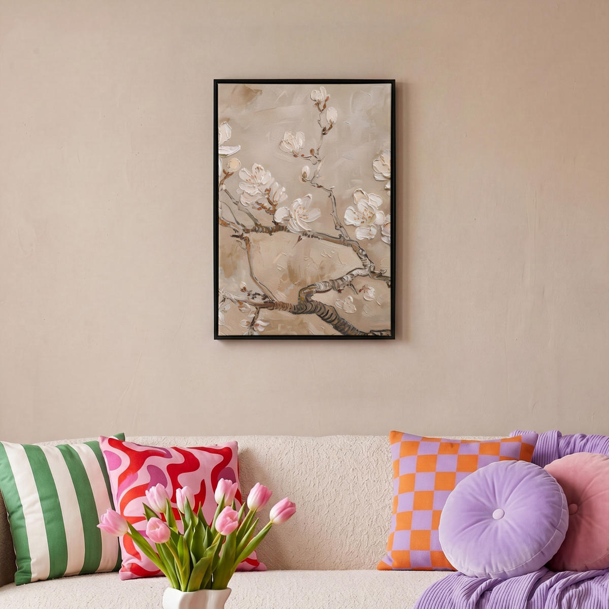 LEINWAND Bilder mit Rahmen - Blumen - Modern - Beige - Weiß - Blüte - 40x60 - Beige, Textil (40/60cm) - MuchoWow