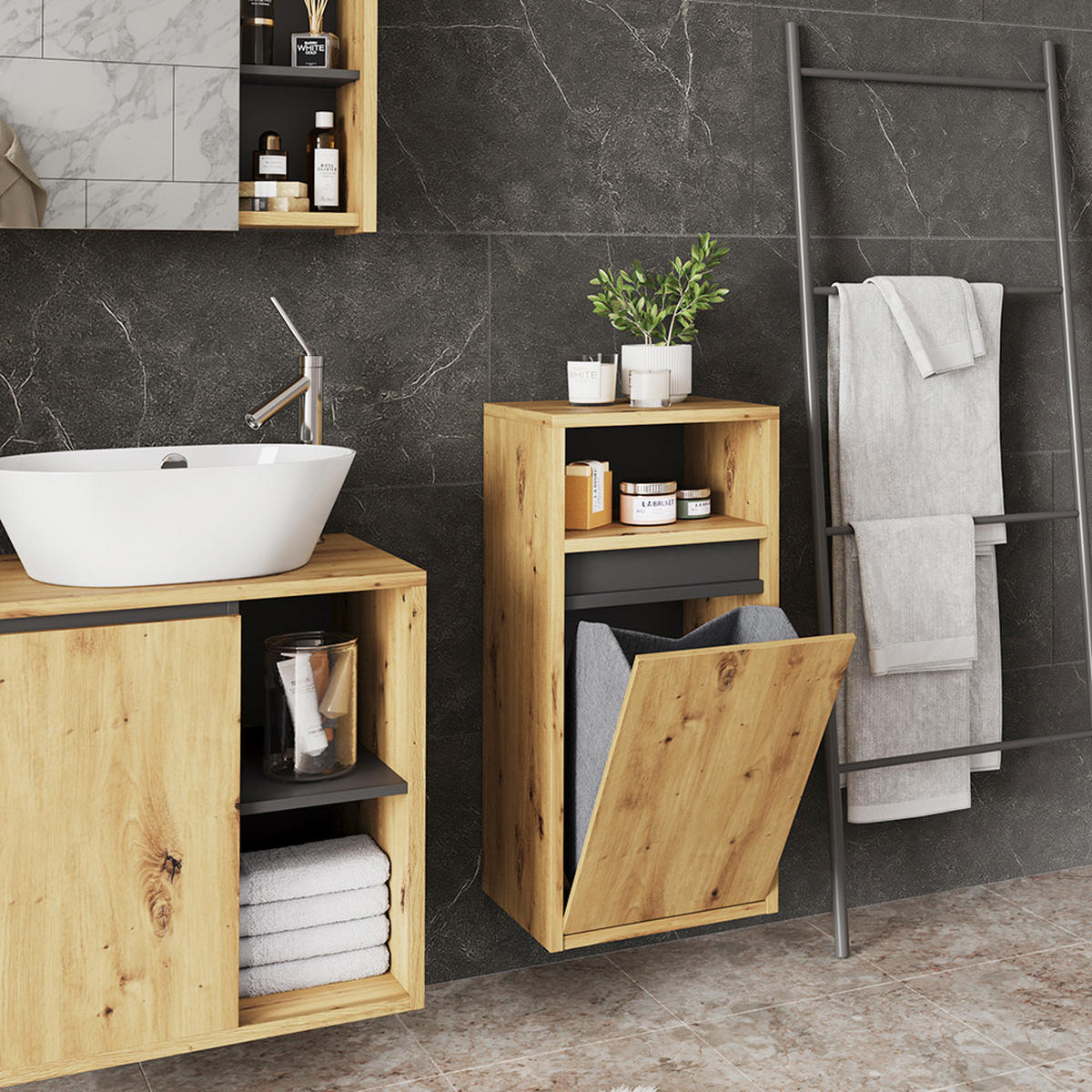 BADSCHRANK Viola Artisan/Grau 38 x 80 cm mit Wäschkorb - Hellgrau/Grau, Holzwerkstoff (38/80/33cm) - Vicco