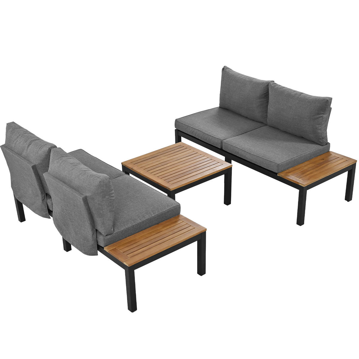 GARTEN-LOUNGE-SET, Stahlrahmen mit Akazie-Optik, 2/ Sofa 120/60/66 cm, Grau - Grau, Metall - Redom