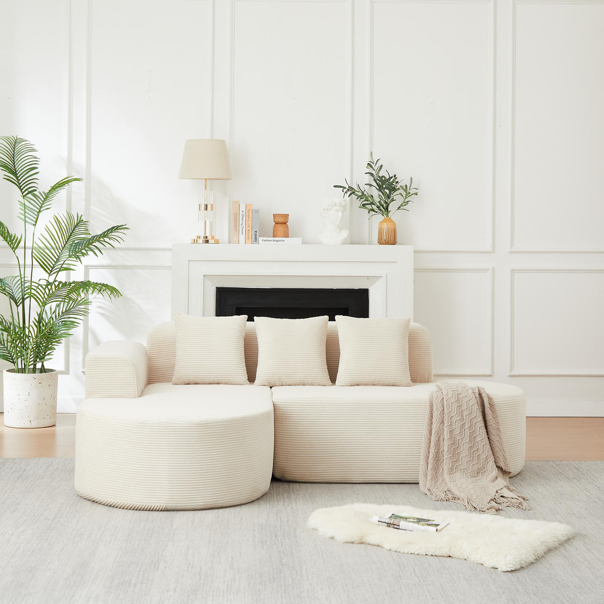 ECKSOFA 220 cm L-Form Cord mit 3 Kissen, recht Chaiselongue, DE-42742, Beige - Beige, Textil (220/155cm) - ComfortXL