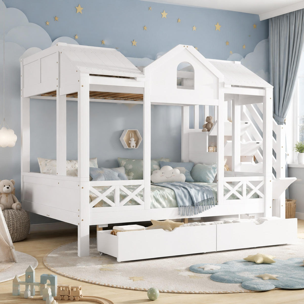 ETAGENBETT 90/200+140/200 cm mit Stauraumtreppe, Rollschubladen und Hausdesign in Weiß - Weiß, Holzwerkstoff (90/200cm) - EVRYAE