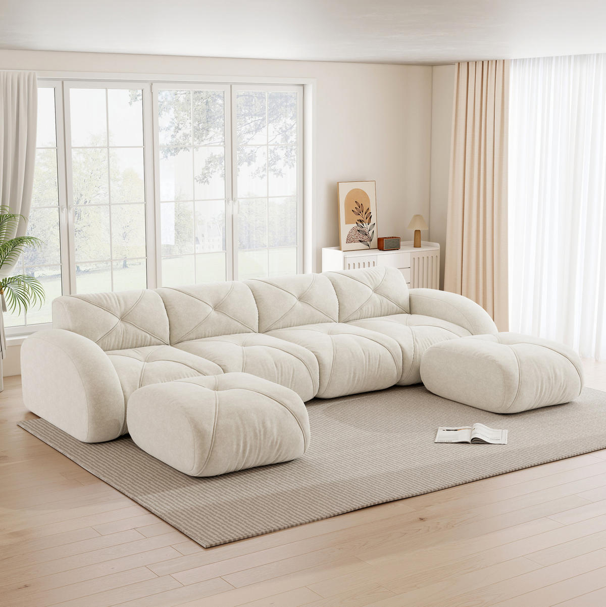SOFA U-Form 4-Sitzer Chenille White mit 2 Hockern - Weiß, Kunststoff (171/76/358.1cm) - Meubliv