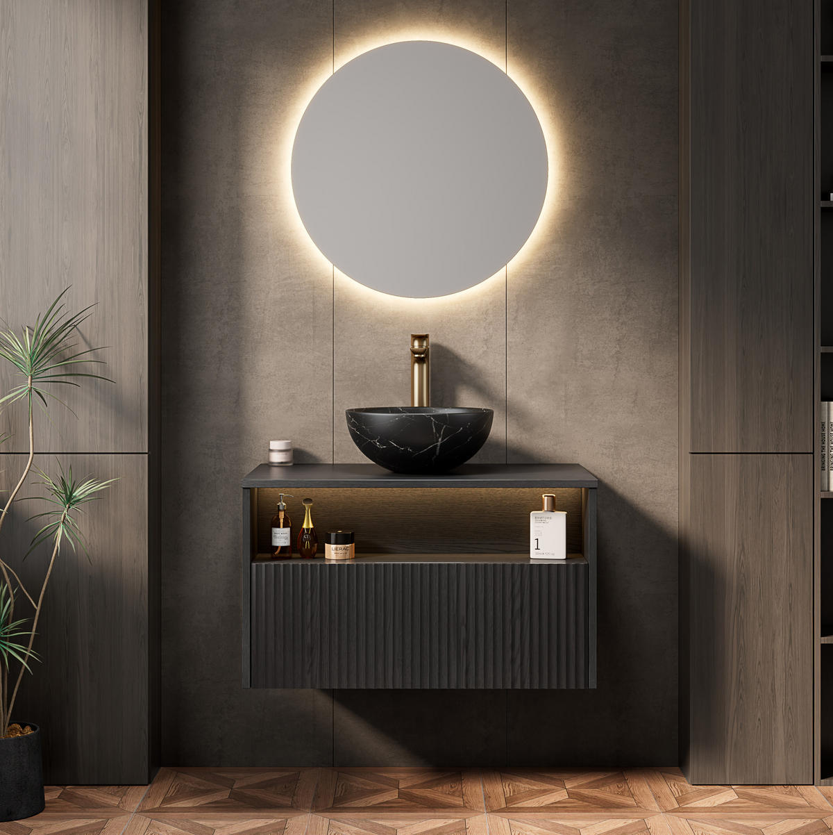 WASCHTISCHKOMBI mit Aufsatzbecken und LED-Sensorlicht in Schwarz - Schwarz, Keramik (80/60.8/46cm) - BEAOK