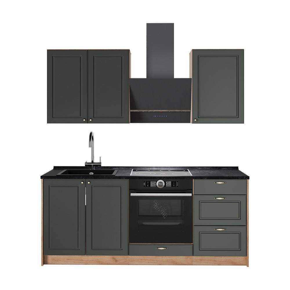 SINGLEKÜCHE Fame-Line, Grün-Gold Landhaus/Goldkraft Eiche, 190 cm, AP Anthrazit - Eichefarben/Grün, Holzwerkstoff (190/206.8/60cm) - Vicco