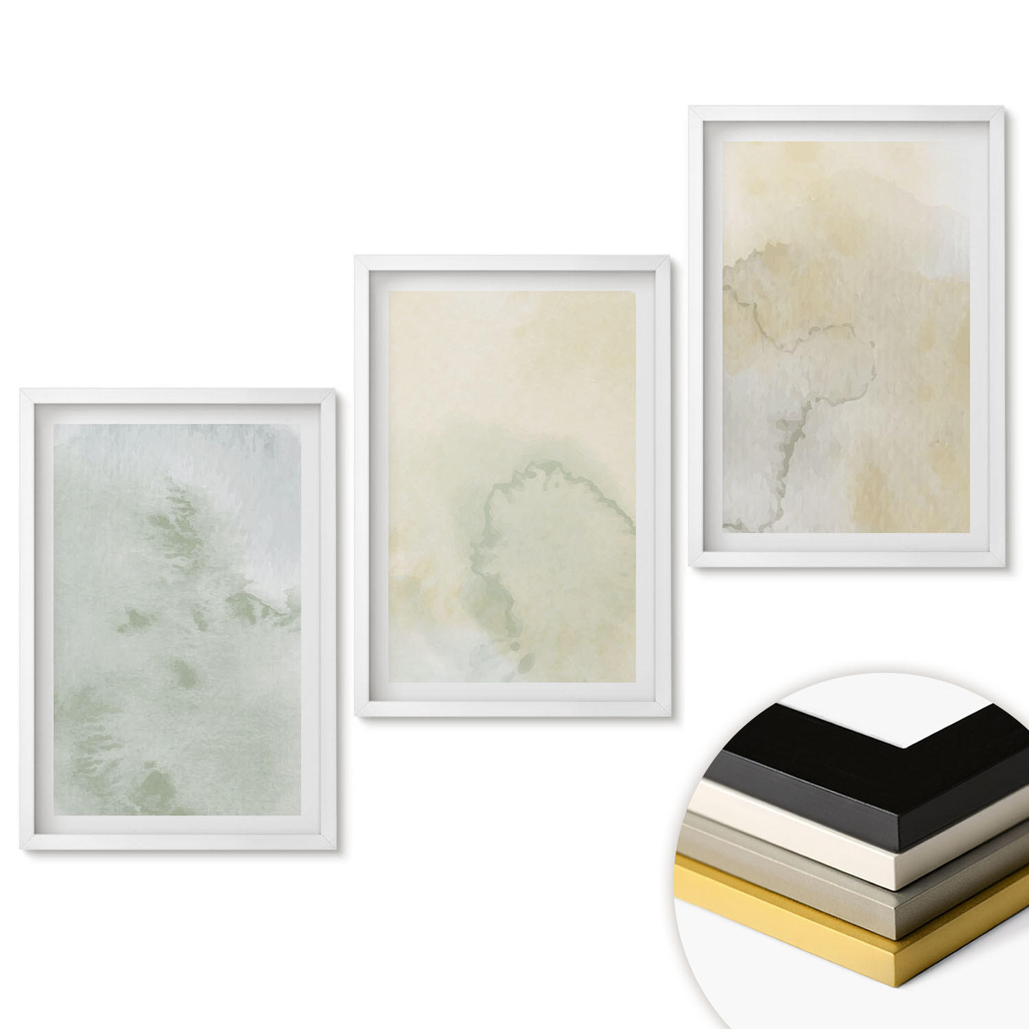 WANDBILDER 3er-Set - 40x60 cm Weißer Rahmen - Pastellfarbene Aquarelltexturen - Weiß, Kunststoff (40/60cm) - ArtPrintCave