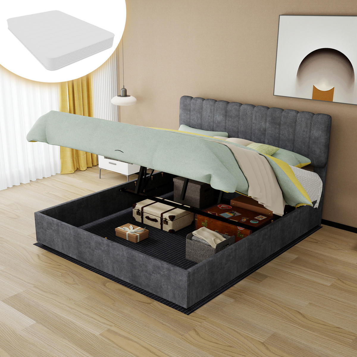 POLSTERBETT 160/200 cm DE-32948 mit Stauraum und Matratze Grau - Grau, Metall (160/200cm) - ComfortXL