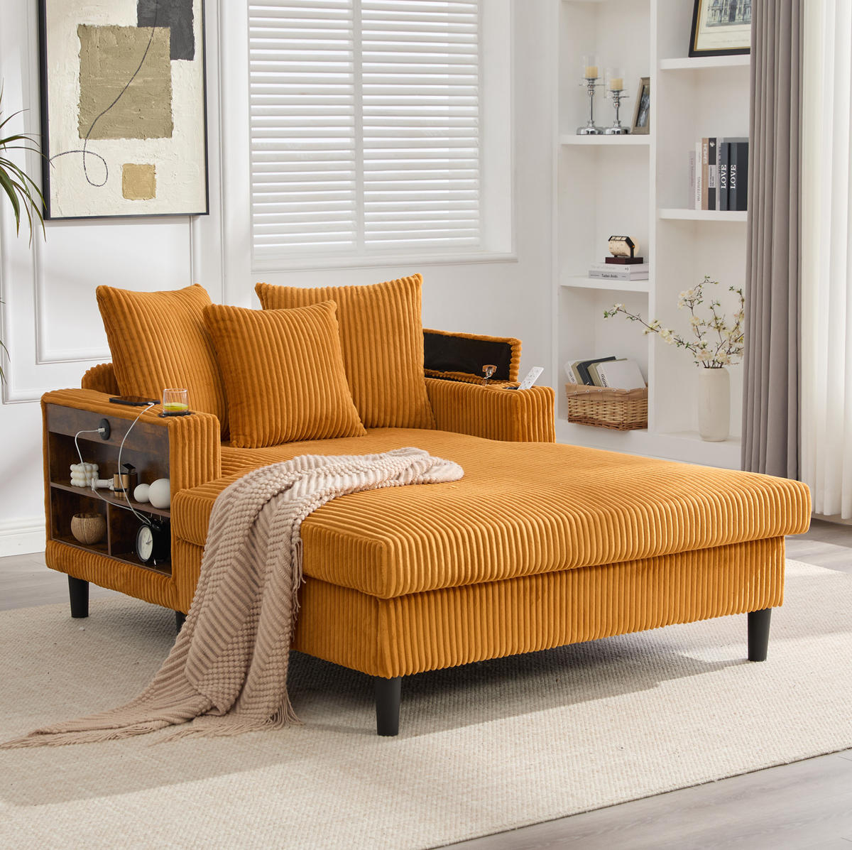 CHAISELONGUE mit USB und Stauraum 129 x 170 cm Cord Mustard Yellow - Gelb, Holz (170/70/129cm) - Meubliv