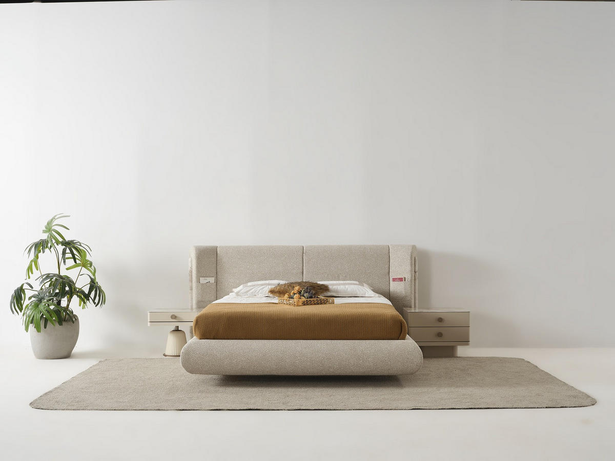 BETTANLAGE SEBASTIAN Schlafzimmer-Set, 4-teilig, Beige, Bett mit Kopfteil, 2 Nachttische und Kommode - Beige, Leder/Holzwerkstoff (160/200cm) - Villa Möbel