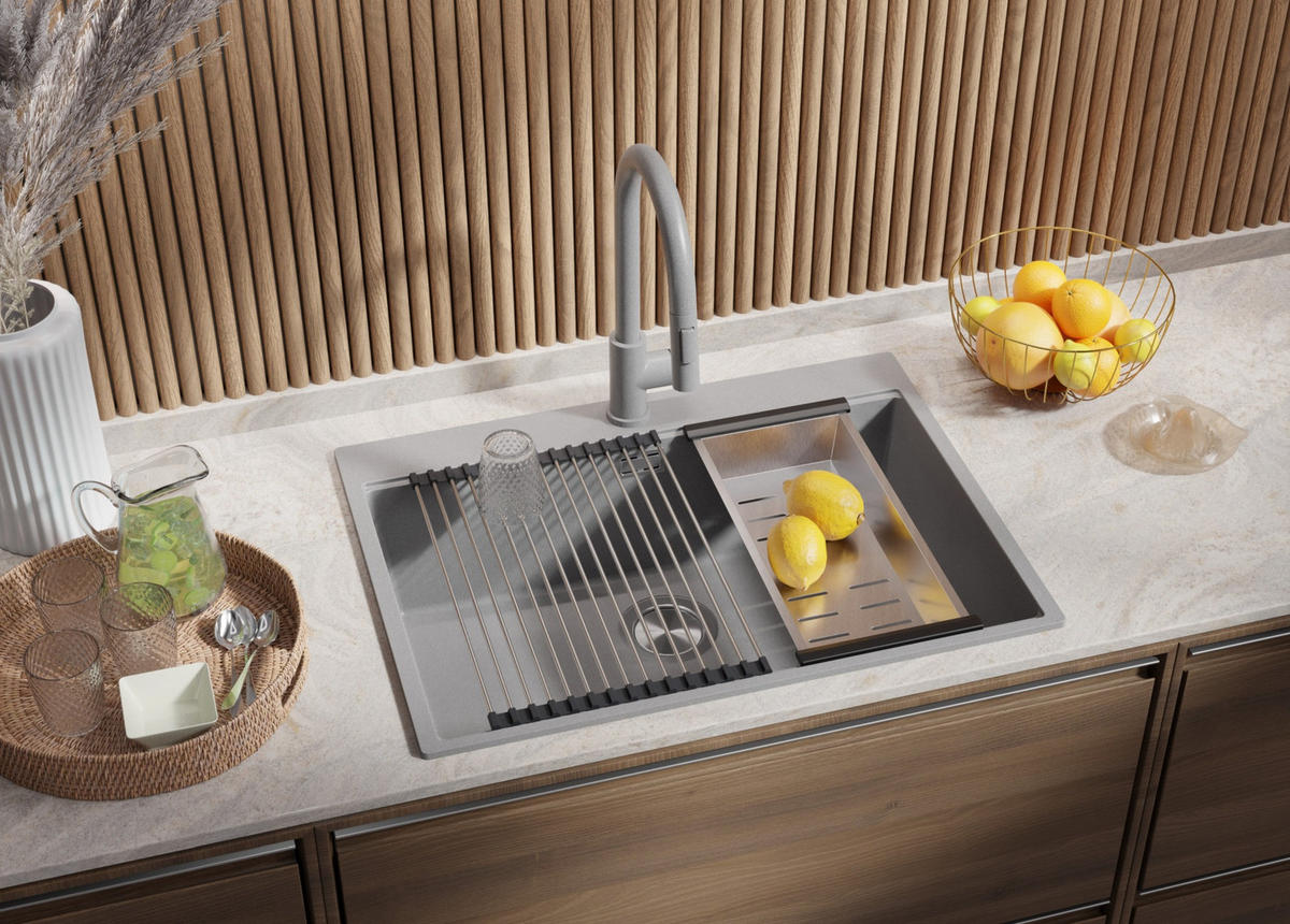 GRANITSPÜLE Oslo, 2-er set Grau 68/50 cm 1 Becken + Küchenarmatur 32/20 cm + Ablauf-Set + Schneidebrett ab 70er Unterschrank - Chromfarben/Beige, Kunststoff (68/20/50cm) - Primagran