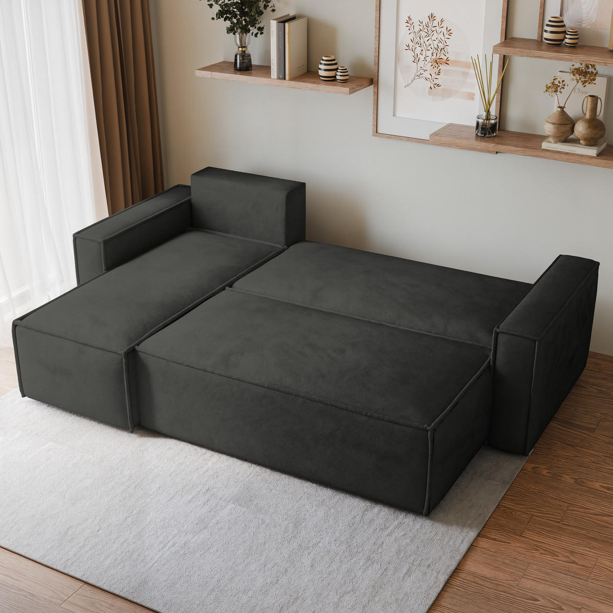 ECKSOFA RAVELO M Schwarz Velours-Stoff mit Schlaffunktion - Schwarz, Holz (240/140cm) - MASSENO