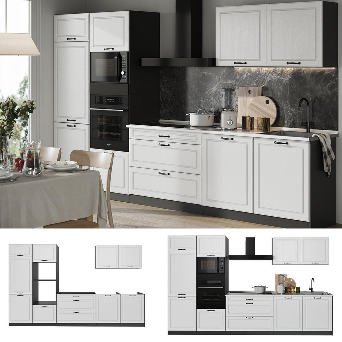 KÜCHENZEILE R-Line, Weiß Landhaus/Anthrazit, 340 cm Arbeitsplatte Anthrazit - Anthrazit/Weiß, Holzwerkstoff (340/206.8/60cm) - Vicco