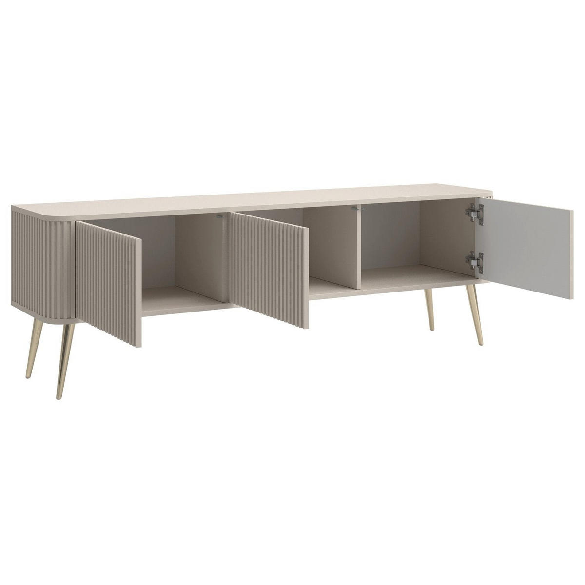 TV stolík Ovarlo sivobéžový s drážkovanými čelami 3-dverový 163/49/38 cm - zlatá/taupe, kov/kompozitné drevo (163.2/49.2/38cm) - Selsey
