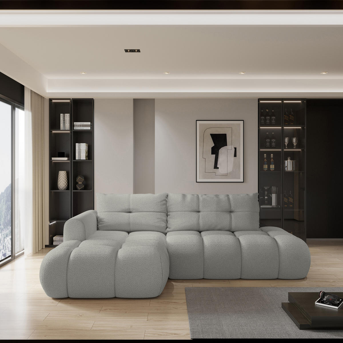 ECKSOFA FLUMA L-S Hellgrau Boucle-Stoff mit Schlaffunktion - Hellgrau, Holz (274/165cm) - MASSENO