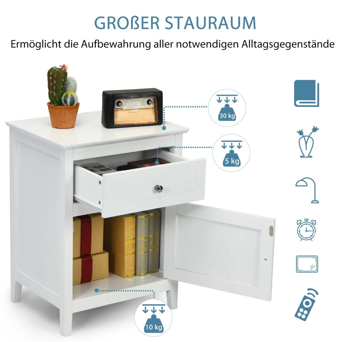 NACHTTISCH 2er Set aus MDF und Kiefernholz, 2-stufiger Beistelltisch mit Schublade und Tür, weiß - Silberfarben/Weiß, Holz/Holzwerkstoff (48/63.5/38cm) - DESIGN IN