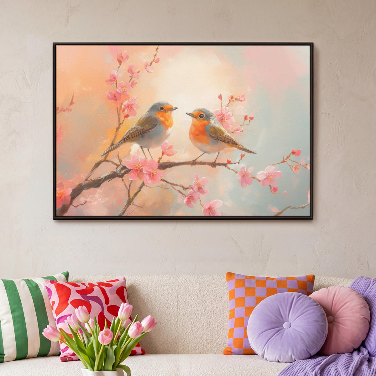 LEINWAND Bilder mit Rahmen - Rotkehlchen - Zierpflanze - Blütenzweig - 90x60 - Hellrosa, Textil (90/60cm) - MuchoWow