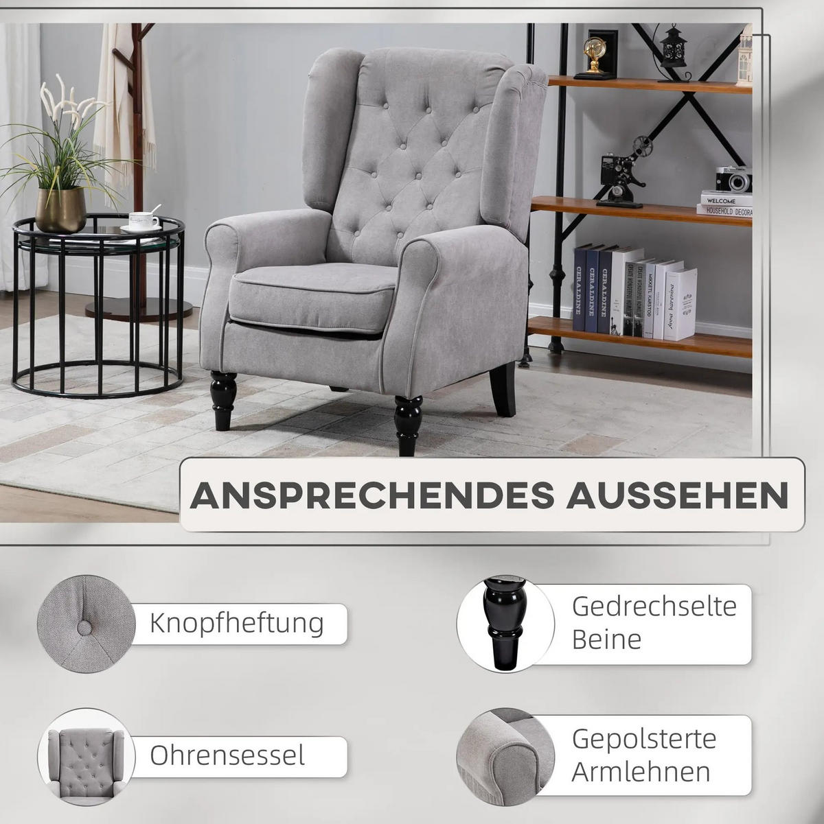 KŘESLO 86/74/102 cm s vysokým opěradlem a knoflíkovým prošíváním, polyester, Šedá - šedá, textil (86/102/74cm) - Redom