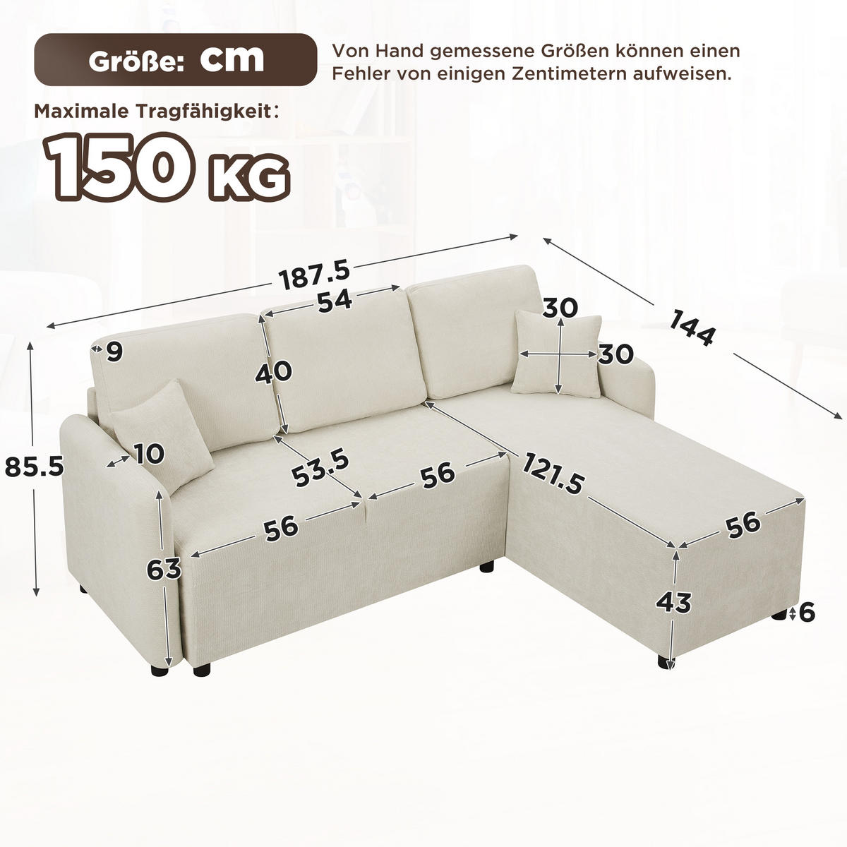 ECKSOFA 187.5/144/85.5 cm Hellbeige Chenille mit 2 Kissen - Beige, Holz/Textil (187.5/144cm) - Oxeza