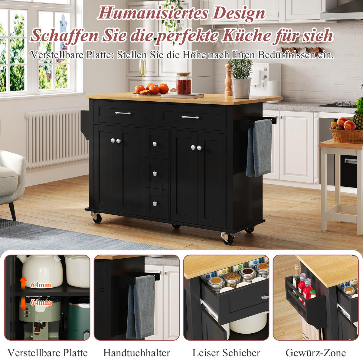 KÜCHENINSELWAGEN 140x65x89cm Schwarz mit ausklappbarer Platte, Schubladen & 5 Rollen - Schwarz, Holzwerkstoff (140/89/65cm) - Modfu