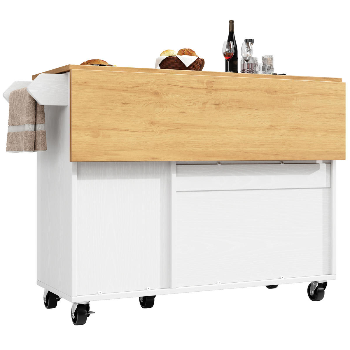 KÜCHENINSEL DE-41282 130/45-75/92 cm mit klappbarer Tischplatte und drei Türen Weiß - Weiß, Holzwerkstoff (130/92/45cm) - ComfortXL