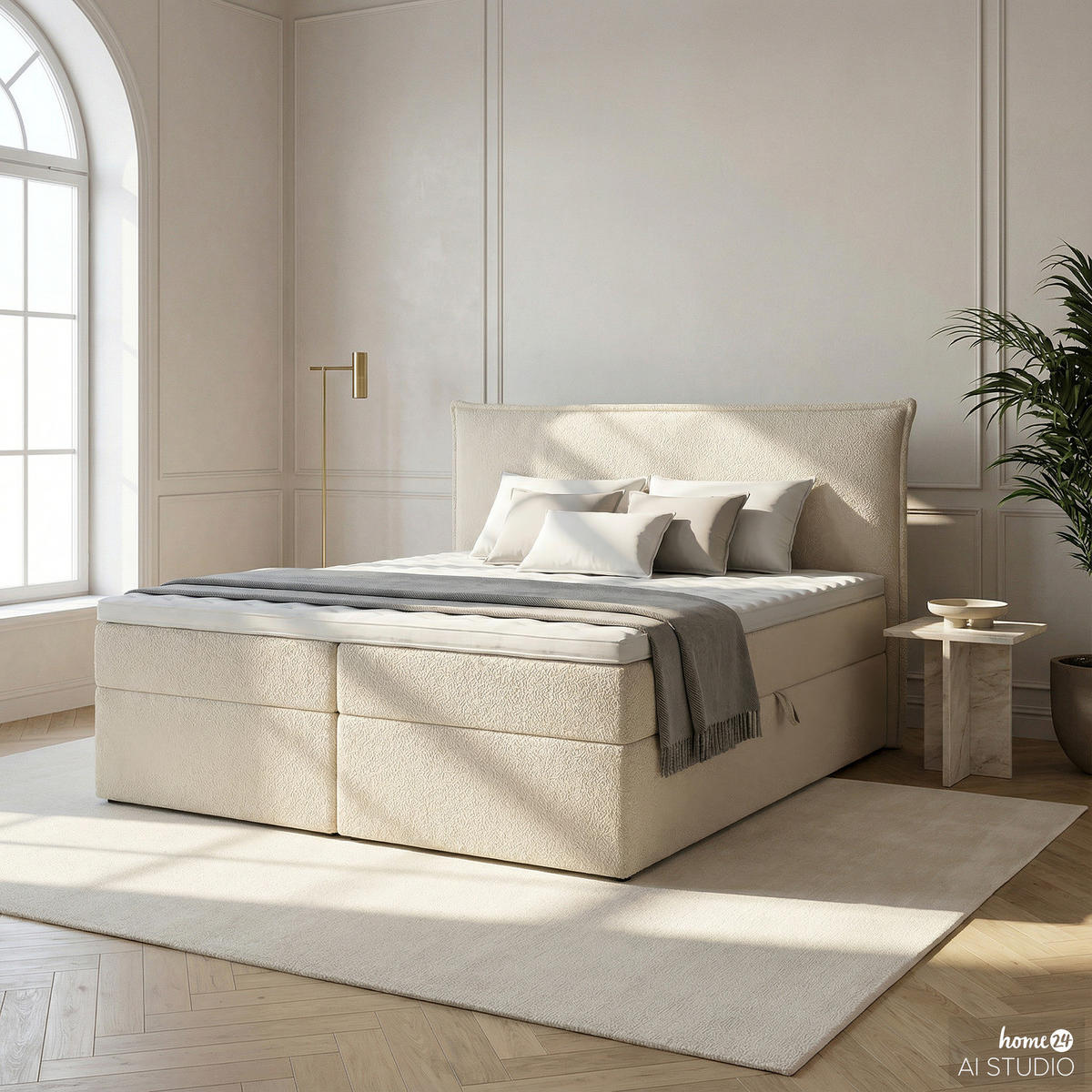 BOXBETT mit Stauraum - Bouclé - Creme, Holzwerkstoff/Textil (200/200cm) - home24