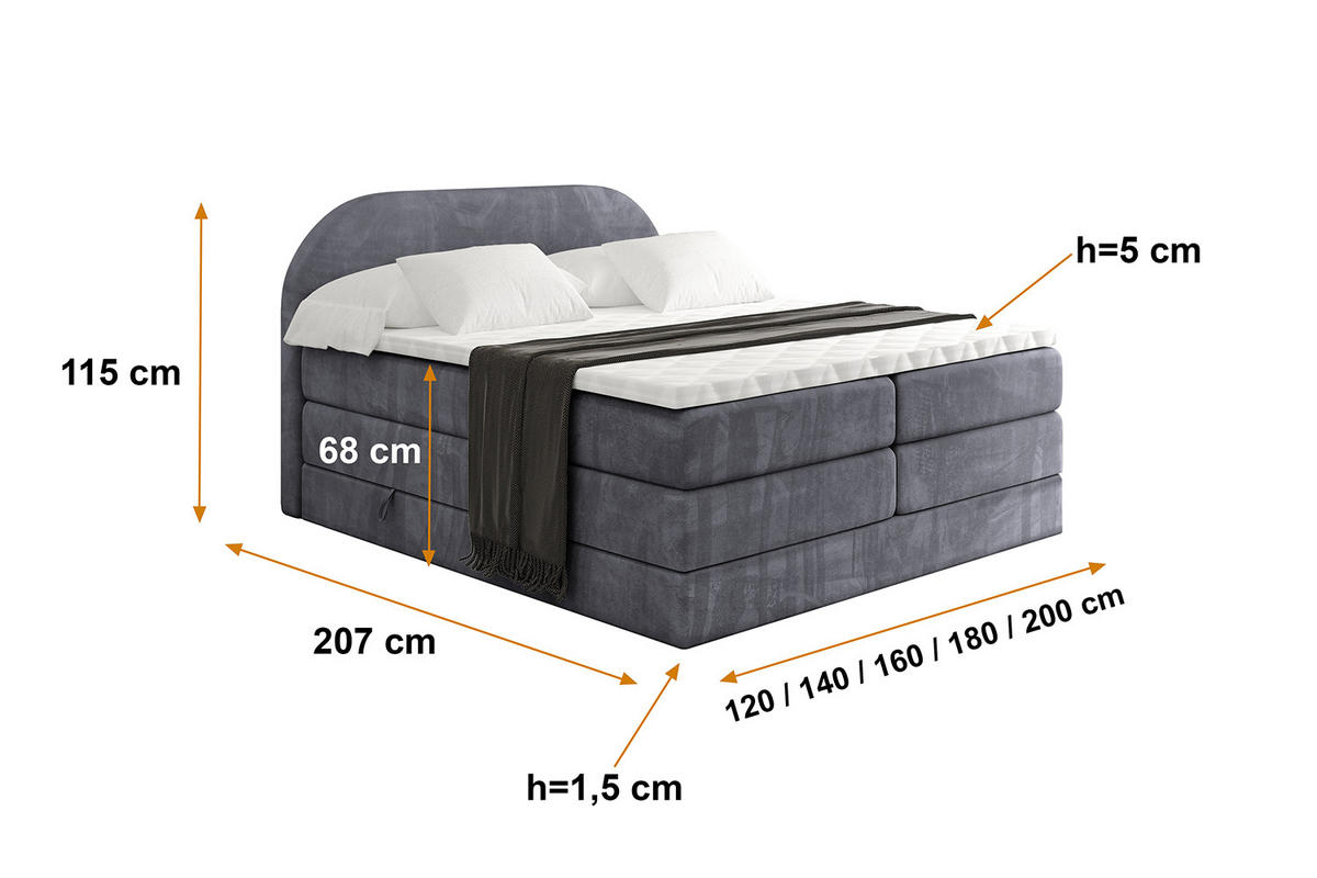 BOXSPRINGBETT mit Matratze und Lattenrost - NOX KING-120x200 - Dunkelgrau Casablanca - Dunkelgrau, Holzwerkstoff (120/200cm) - ALTDECOR