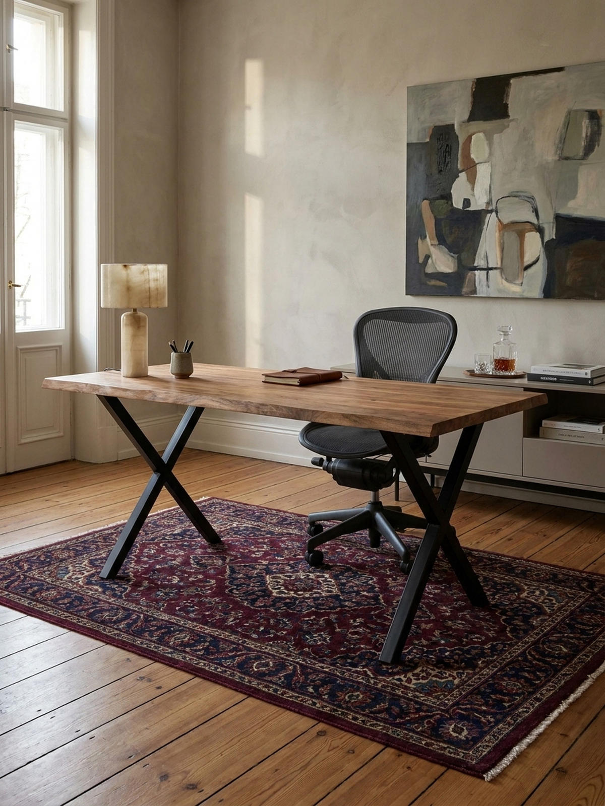 SCHREIBTISCH Massivholz X-Gestell Baumkante Handgefertigt KRETA, Goldbraun-Schwarz 180x90x76 cm - Schwarz/Braun, Holz/Metall (90/180/76cm) - KADIMA DESIGN