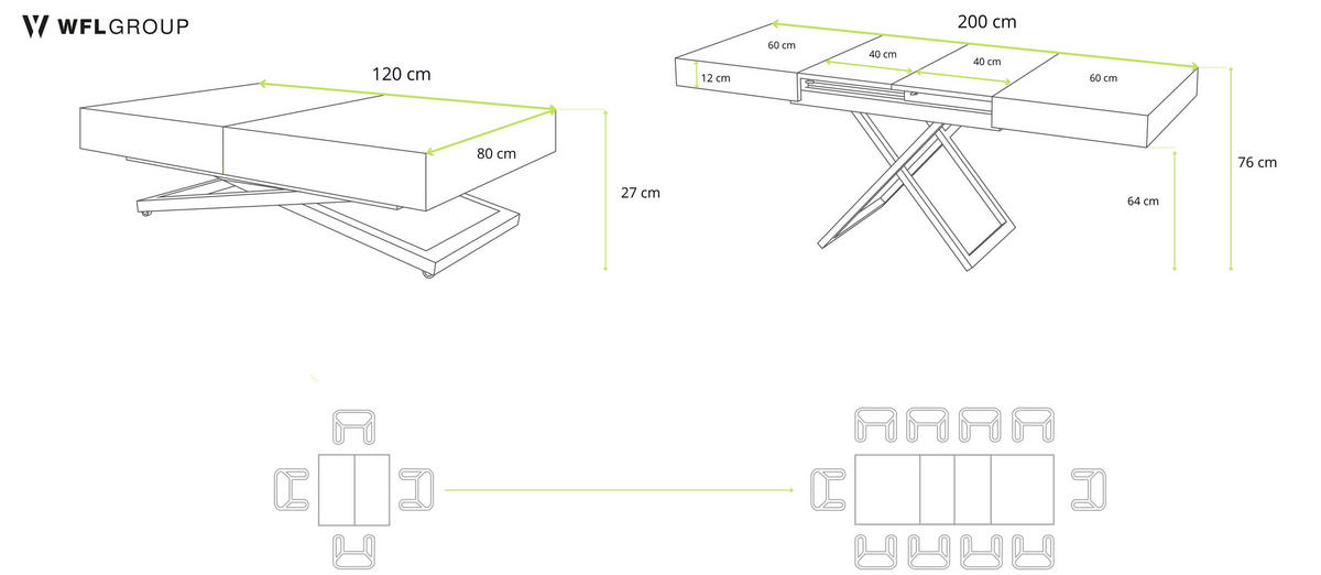 COUCHTISCH Cavetta U höhenverstellbar ausziehbar, Lancelot Eiche 120-200/80/27-76 cm - Eichefarben/Schwarz, Holzwerkstoff/Metall (80/120/76cm) - WFL GROUP