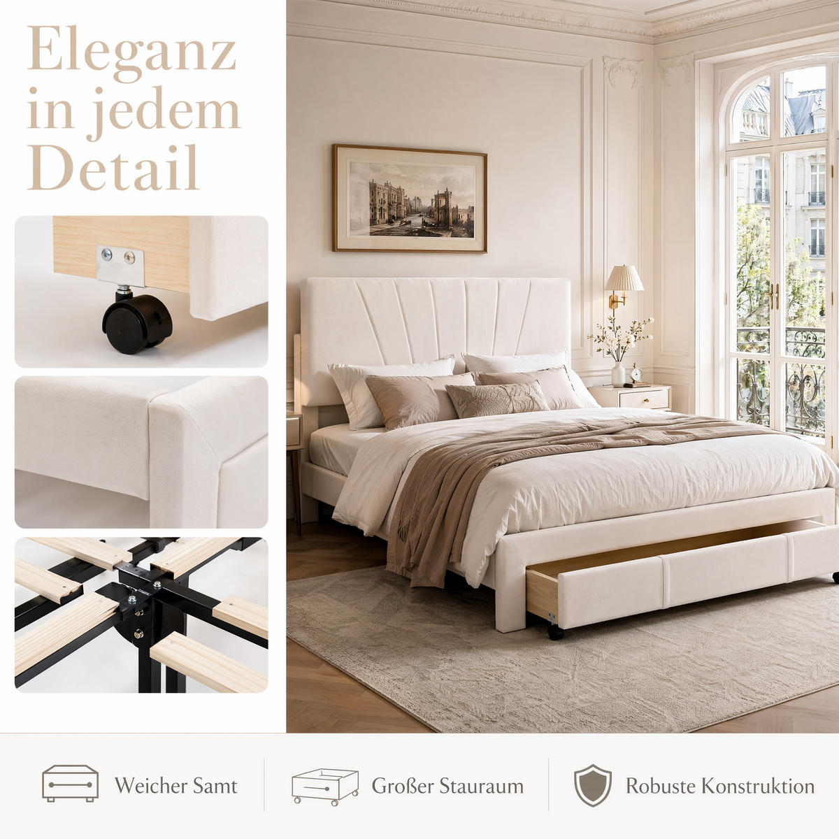 DOPPELBETT 140x200 Samt Beige Mit Rollschublade Stabil Lattenrost - Beige, Holz - SHOPENTRA