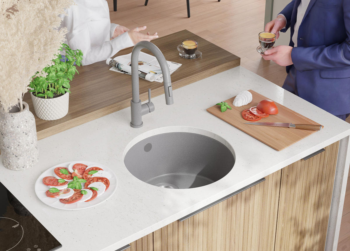 UNTERBAUSPÜLE GRANIT Valletta, 2-er set Grau 46/46 cm 1 Becken + Küchenarmatur 38/14 cm + Ablauf-Set ab 50er Unterschrank - Grau, Kunststoff (46/20/46cm) - Primagran