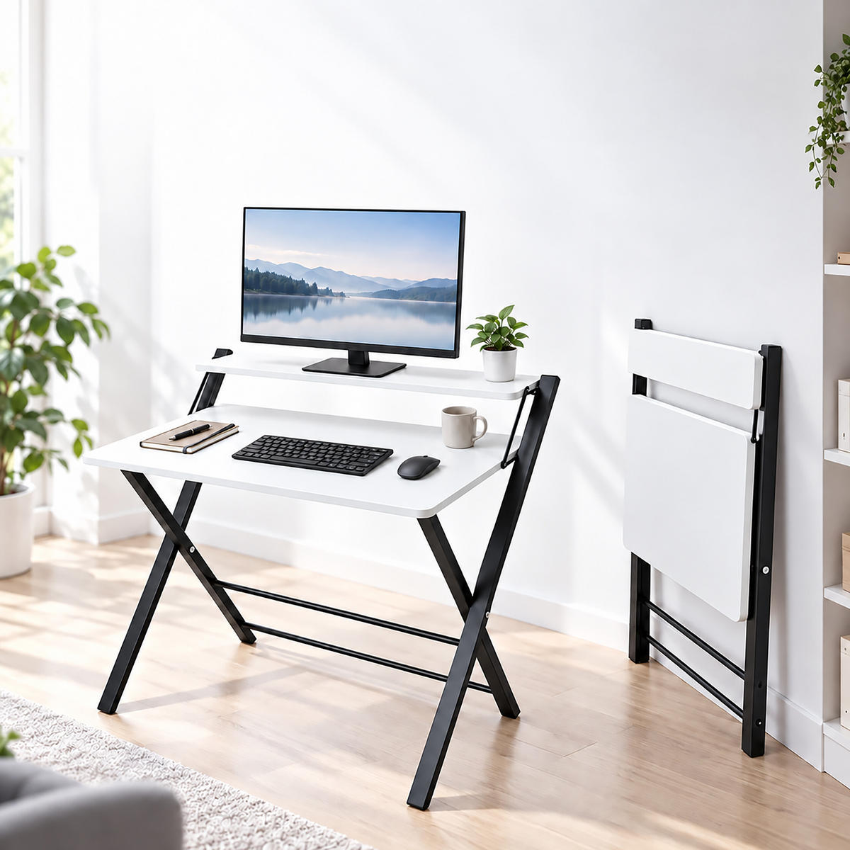 SCHREIBTISCH Schwarz klappbar mit Monitoraufsatz 70x56 cm - Schwarz, Holzwerkstoff/Metall (56/70/82cm) - Relaxdays