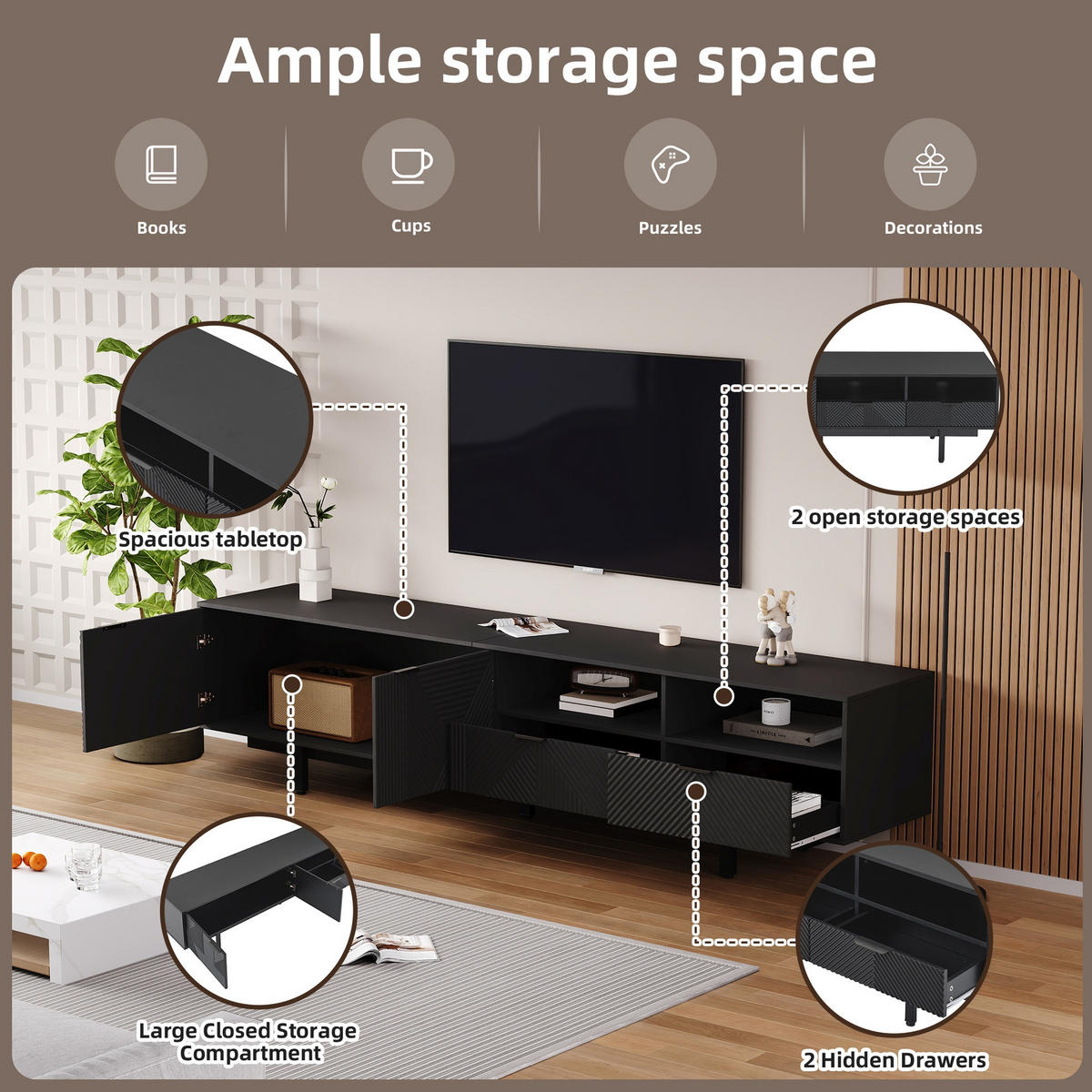 TV-ELEMENT200CM schwarz für 90ZollTV mit Stauraum und Kabelmanagement - Schwarz, Holz (52.07/12.19/115.06cm) - Raelunyi