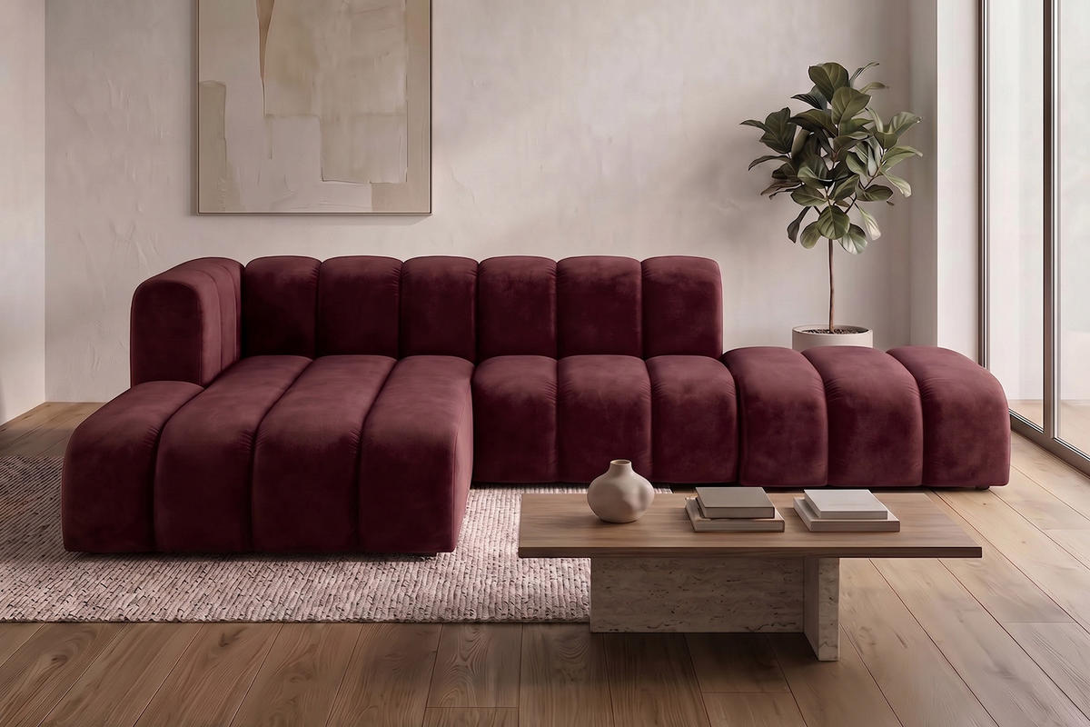 ECKSOFA Modulares In L-Form Mit Hocker, Velvet-Stoff Riviera, Rotwein, Links, GRAND Mini - Dunkelrot, Holz (295/179cm) - Kaiser Möbel