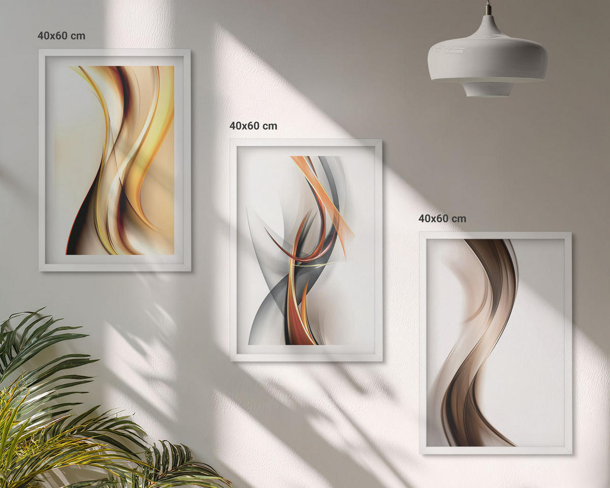 BILDER SET 3er Set - 40x60 cm Weißer Rahmen - Gelbgrau-braune Wellen - Weiß, Kunststoff (40/60cm) - TULUP