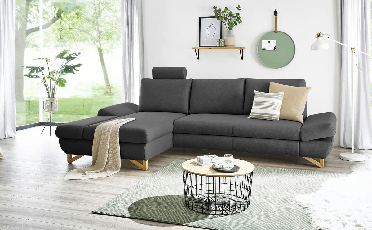 ECKSOFA grau Velours, Wohnzimmer Sofa - Grau, Holz/Textil (166/284cm) - Furn.Design