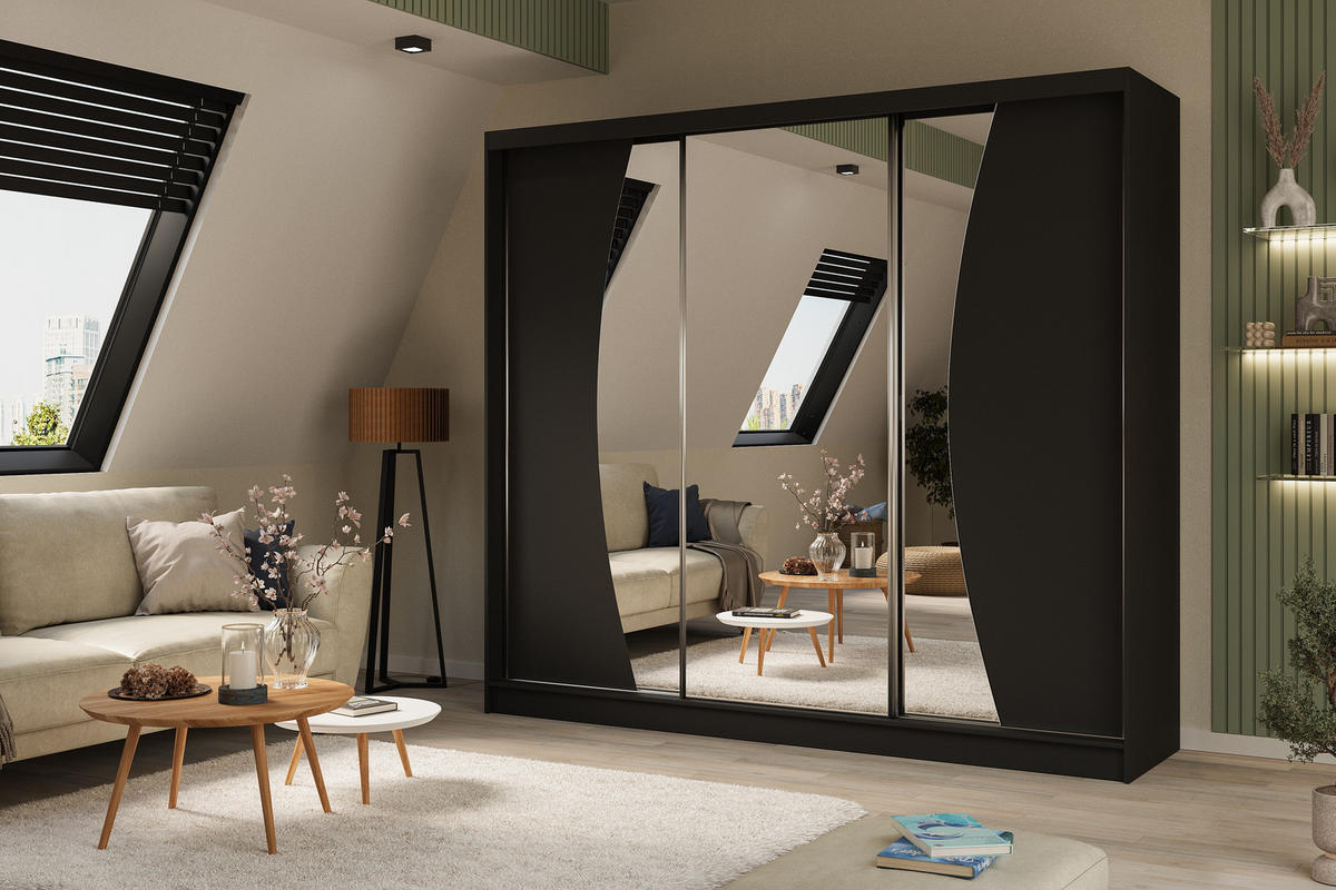 KLEIDERSCHRANK mit Spiegel-Schiebetüren und Aluminium-Leisten, LED-Beleuchtung - VOXI - 240 cm Schwarz - Schwarz, Holzwerkstoff (240/216/61cm) - ALTDECOR