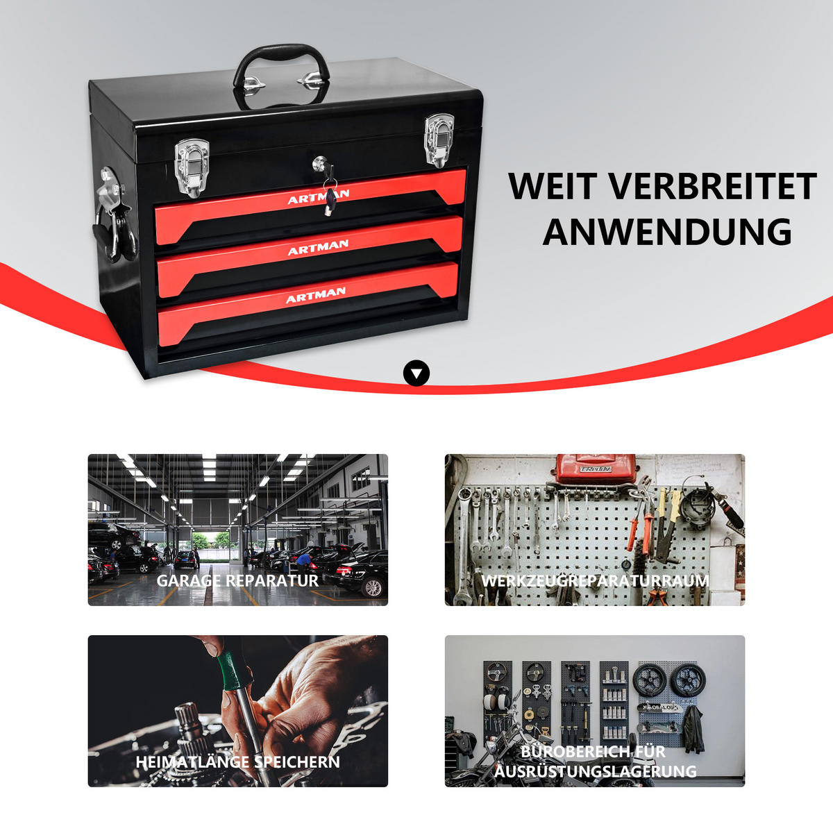 WERKZEUGKISTE TRANSPORTABEL 20 Zoll mit 3 Schubladen, Stahl, Schwarz-Rot - Schwarz, Metall (27/35/50cm) - Novahome