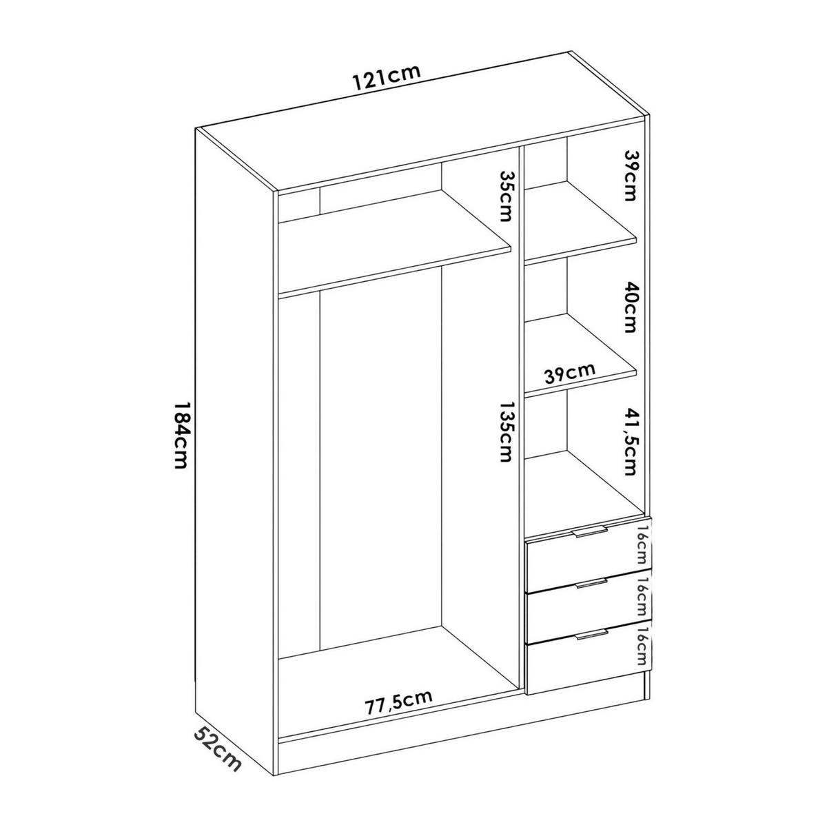 KLEIDERSCHRANK 3 TÜREN Weiß 52/121/184 cm - Weiß, Holzwerkstoff (121/184/52cm) - DMORA