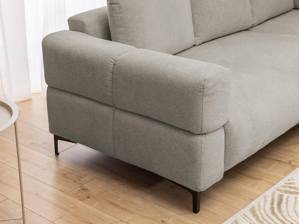 ECKSOFA inkl. Hocker Cardea mit Schlaffunktion in Bubble-Optik aus weichem Taupe Strukturstoff und hohem Sitzkomfort - Ottomane rechts - Taupe/Schwarz, Holz/Textil (230/170cm) - S-Style Möbel