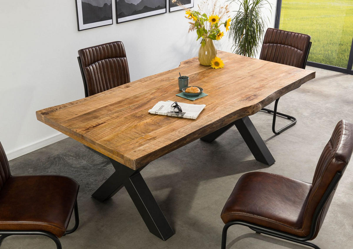BAUMTISCH Mango 240x100x77 natur lackiert / X-Beine anthrazit matt FREEFORM 5 - Braun, Holz (100/240/77cm) - Massivmoebel24
