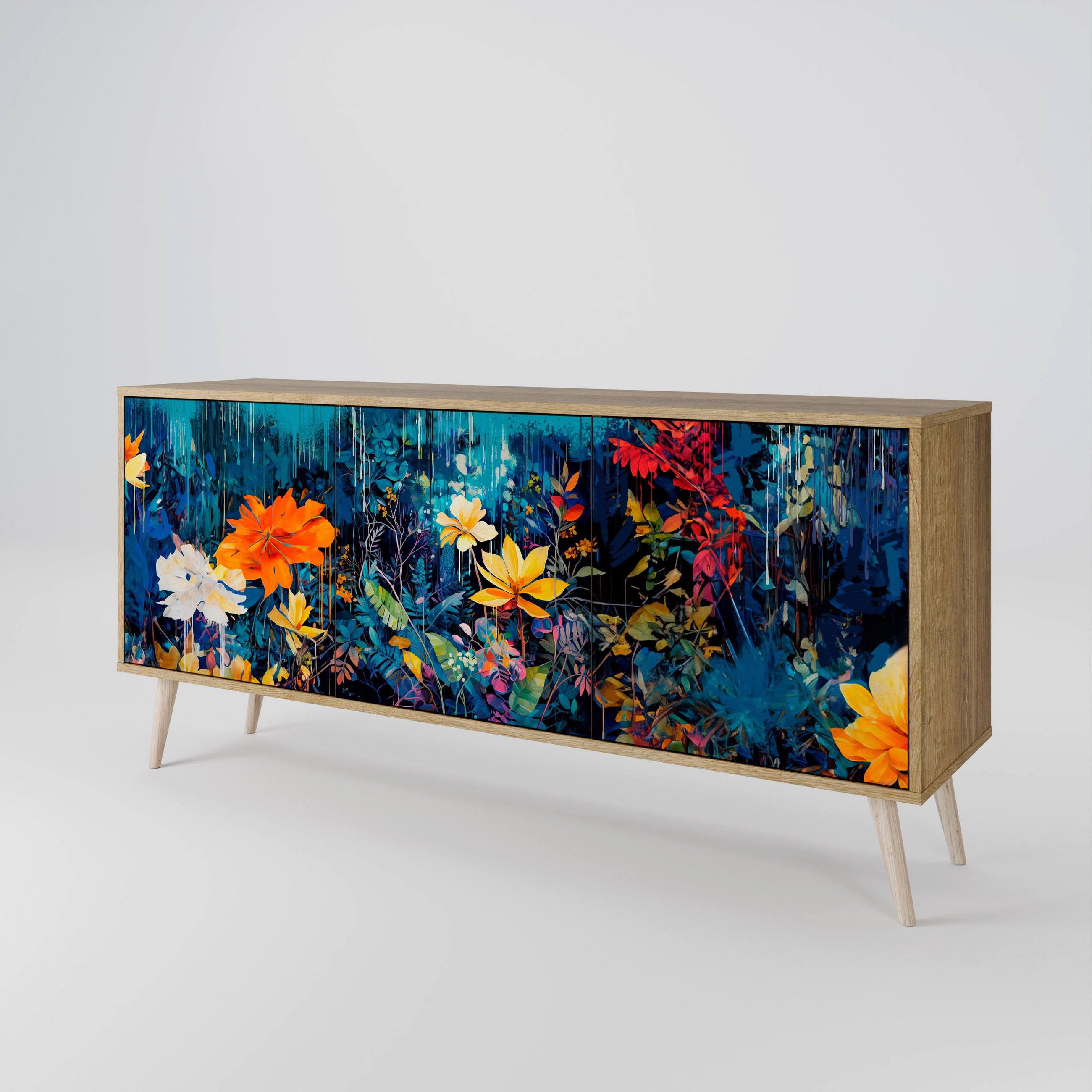 SIDEBOARD MIDNIGHT BLOSSOM, Eicheneffekt, 164,5x42x77,5 cm, 3 Türen - Eichefarben/Buchefarben, Holzwerkstoff/Buchenholz (164.5/77.5/42cm) - SpaceRebels
