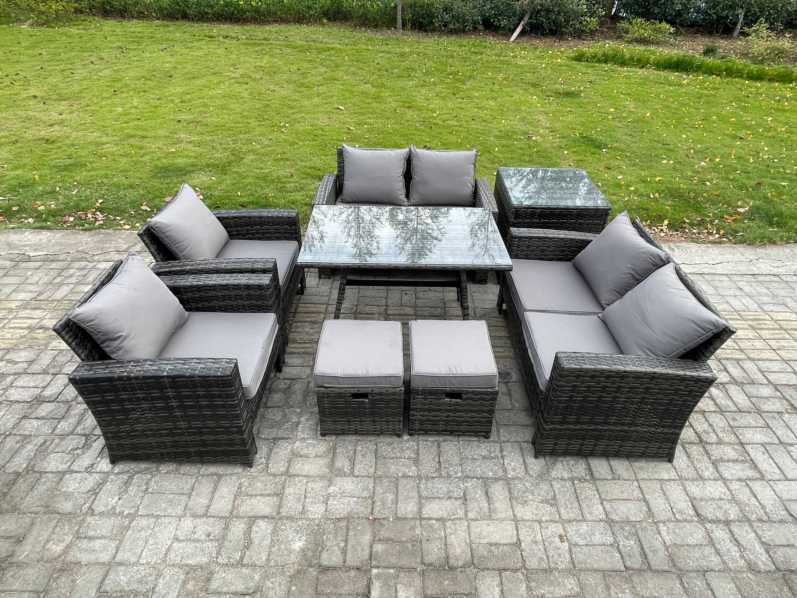 GARTENMÖBELSET mit ESSTISCH,HOCHLEHNER-SOFA Polyrattan Dunkelgrauer Mix 8-Sitzer - Dunkelgrau/Grau, Glas/Kunststoff - Fimous