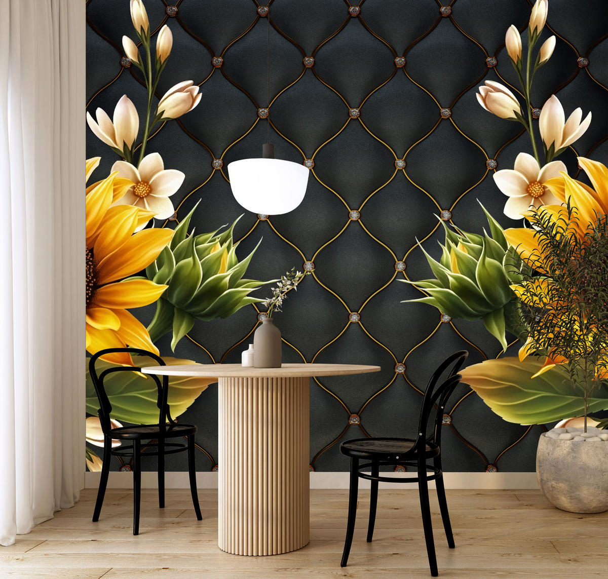 FOTOTAPETE für Küche Blume Sonnenblumen auf gestepptem Hintergrund 450x315 - Gelb/Schwarz, Papier (450/315cm) - Muralo