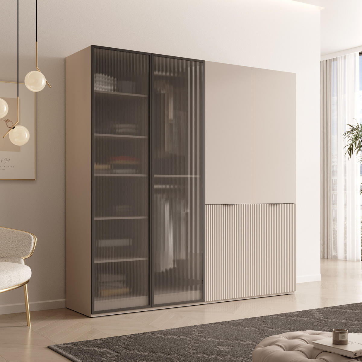KLEIDERSCHRANK ZEN (Modular, Cashmere Matt, Cashmere & Geriffeltes Glas Flutes, 4-türig) - Kaschmir/Schwarz, Holz/Holzwerkstoff (202/200/51cm) - Ravio