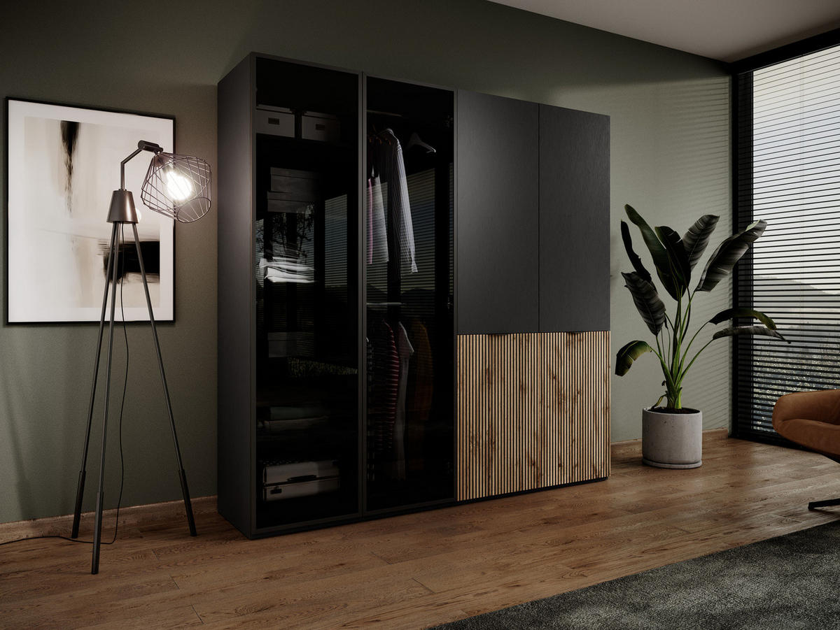 KLEIDERSCHRANK ZEN (Modular, Schwarz, Wotan Eiche & Getöntes Glas Antisol, 4-türig) - Eiche Wotan/Schwarz, Holz/Holzwerkstoff (202/200/51cm) - Ravio